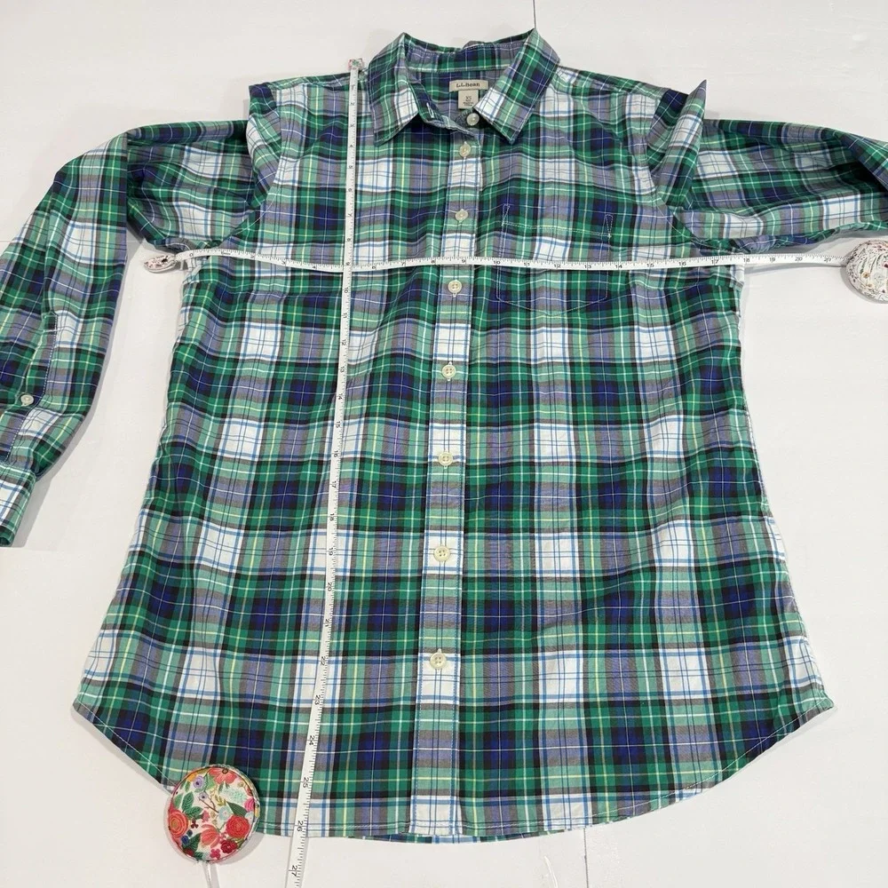 LL Bean Green Blue‎ Plaid Cotton Poplin Button Up Shirt Size XS